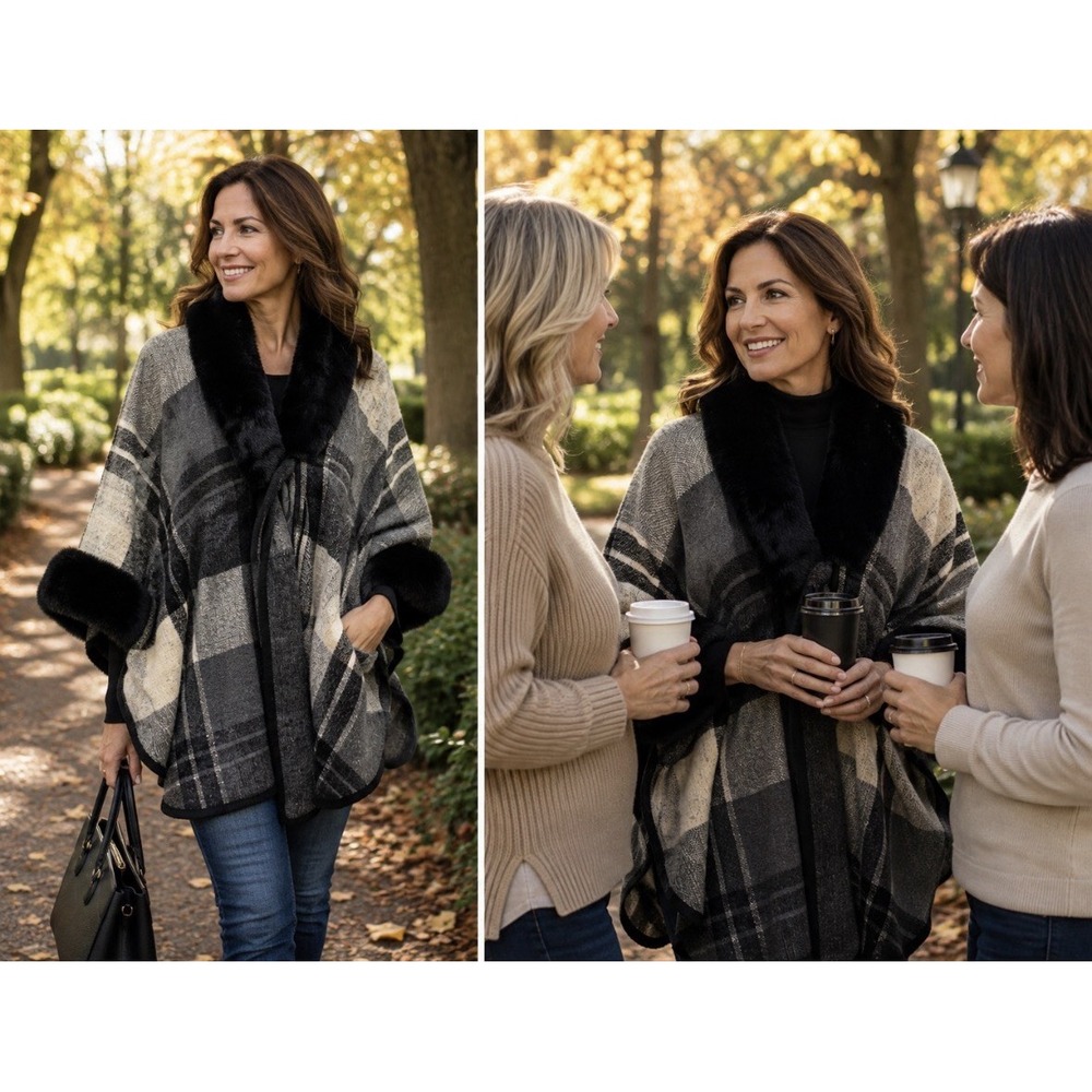 Seven Island Faux Fur Trim Poncho Cape Wrap Coat Plus One Size Gray plaid